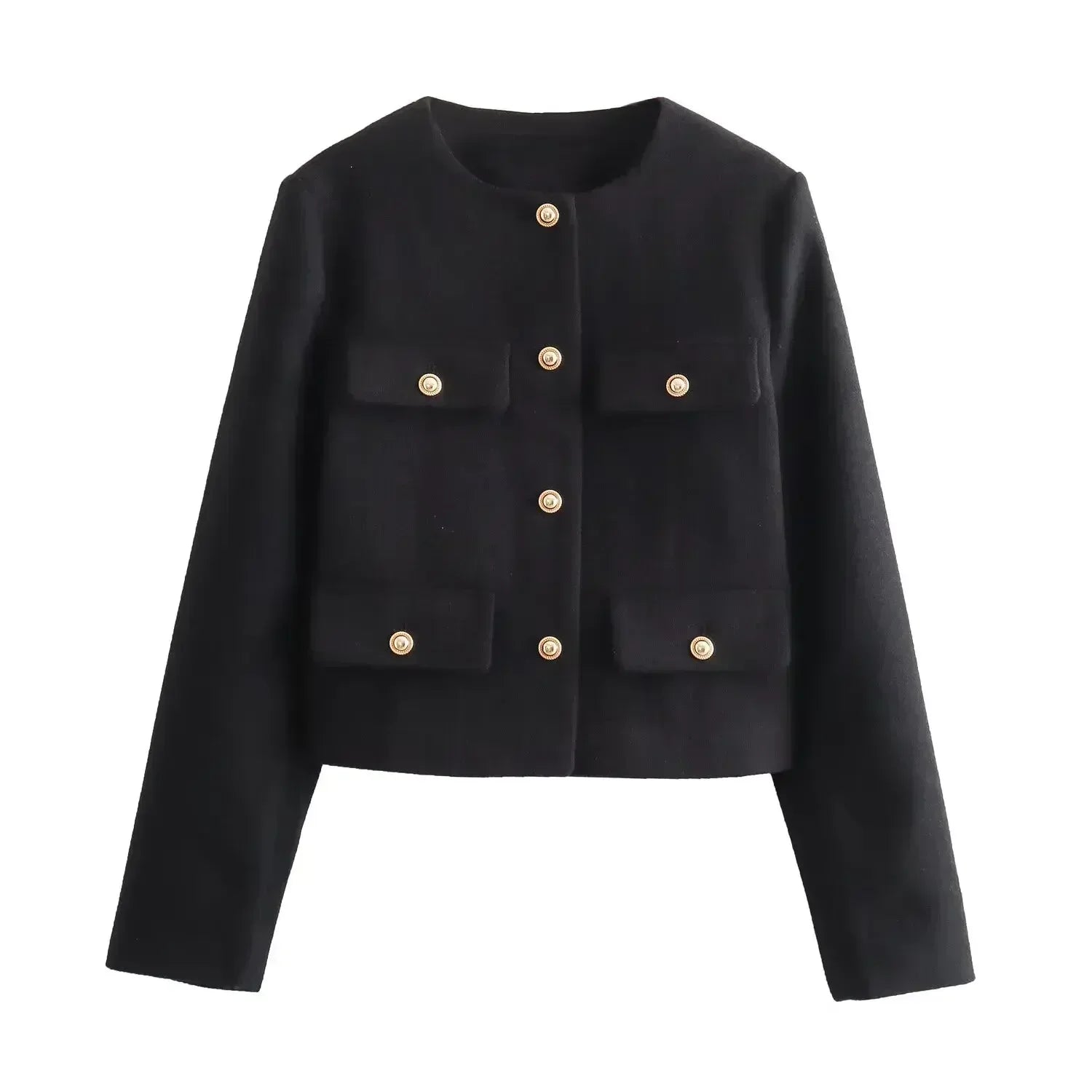Women's 2024 New Fashion Flip Decoration Short Texture O Neck Suit Coat Vintage Long sleeved Button up Women's Coat Chic Top
