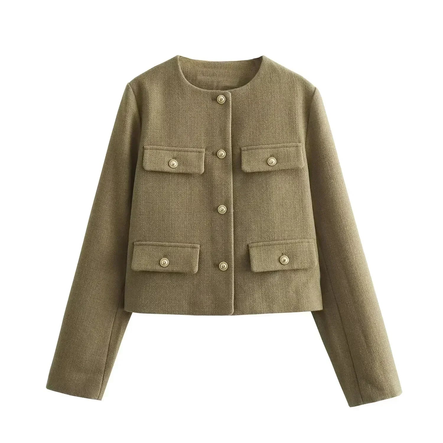 Women's 2024 New Fashion Flip Decoration Short Texture O Neck Suit Coat Vintage Long sleeved Button up Women's Coat Chic Top