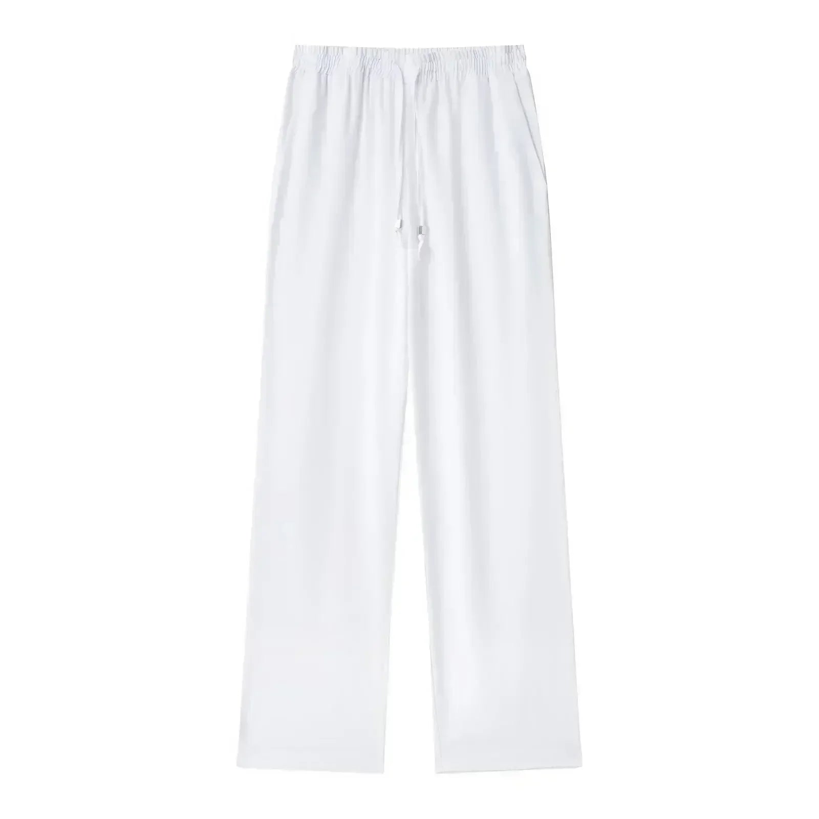 Women's New Chic Fashion Loose Side Pocket Linen Blended Wide Leg Pants Retro Elastic Waist Drawstring Women's Pants Mujer
