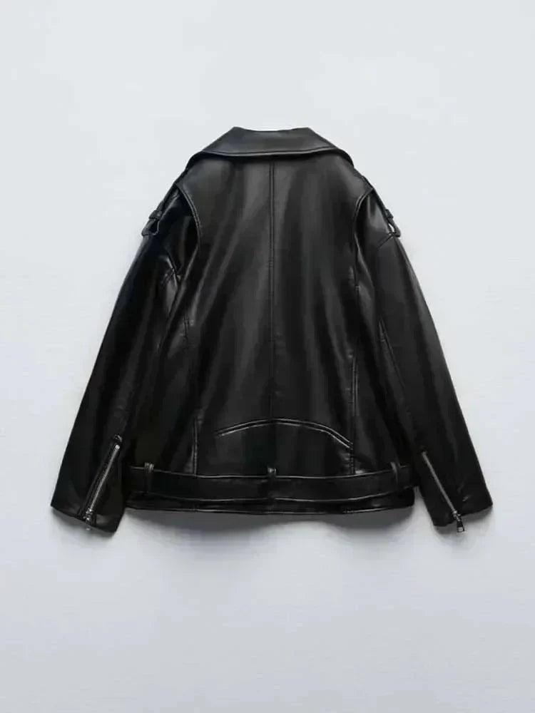 Women 2023 New Fashion With belt Loose Faux leather Locomotive style Jacket Coat Vintage Long Sleeve Female Outerwear Chic