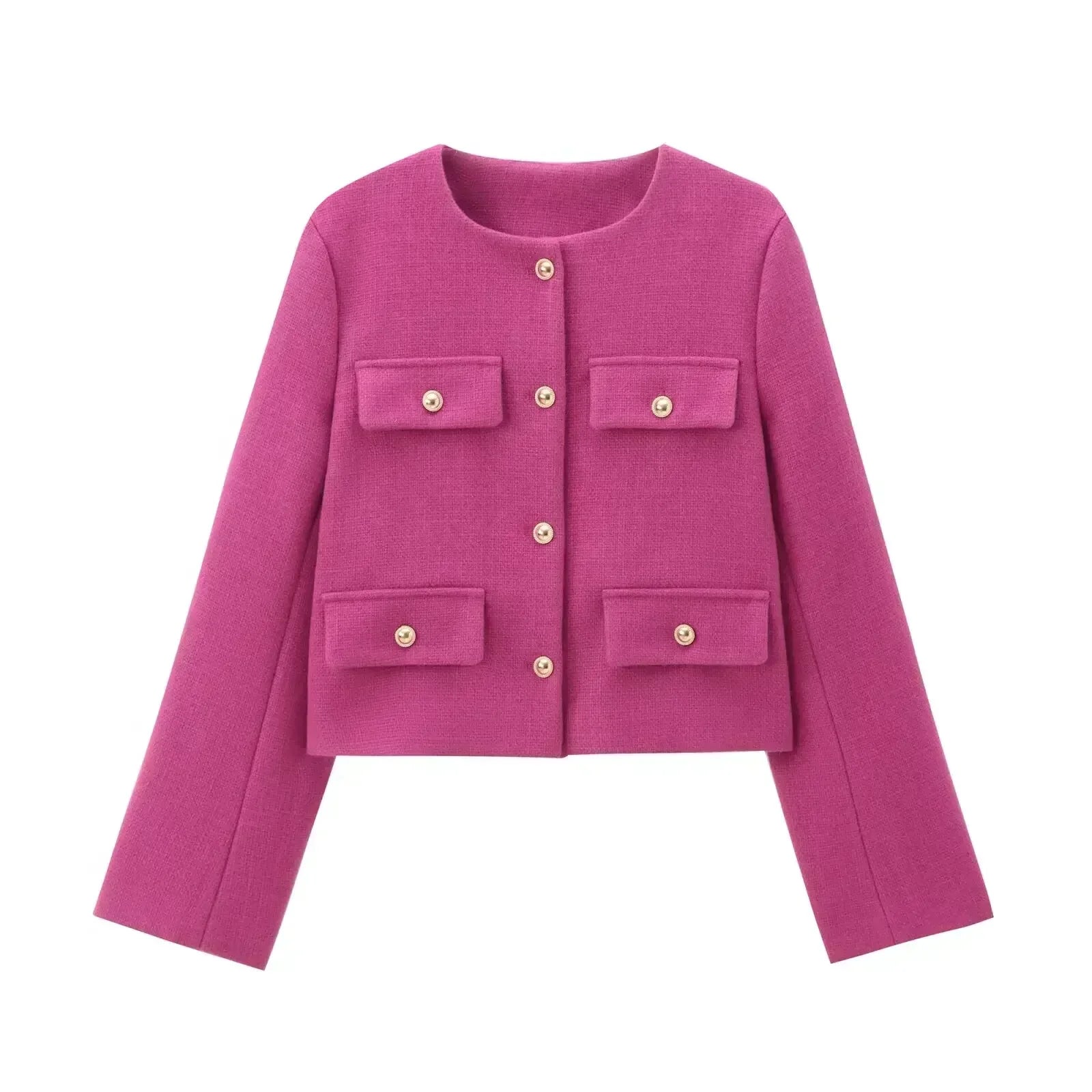 Women's 2024 New Fashion Flip Decoration Short Texture O Neck Suit Coat Vintage Long sleeved Button up Women's Coat Chic Top