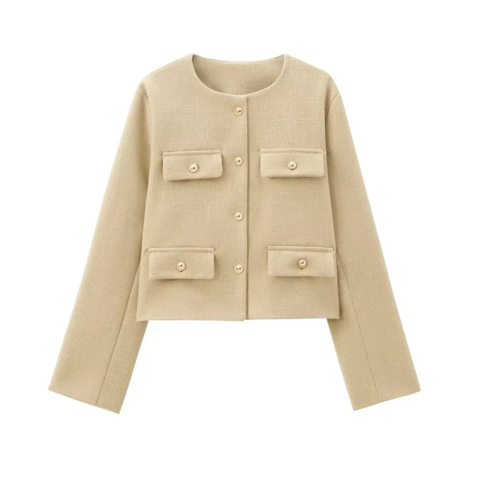 Women's 2024 New Fashion Flip Decoration Short Texture O Neck Suit Coat Vintage Long sleeved Button up Women's Coat Chic Top
