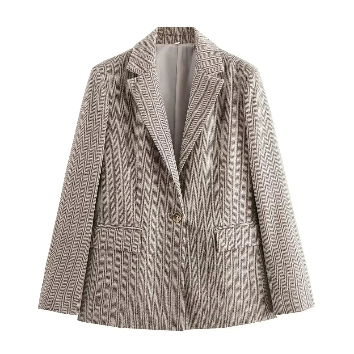 Ladies' 2024 new fashion flip decoration loose herringbone diagonal suit coat retro long sleeved button up women's coat chic top