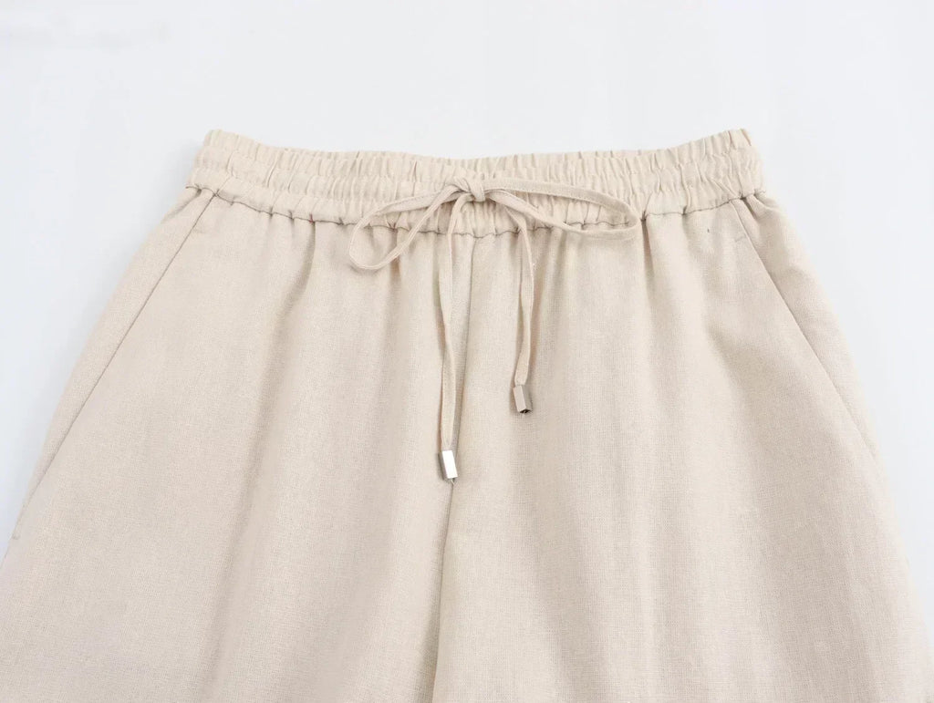 Women's New Fashion Loose Side Pocket Linen Blended Straight Leg Casual Pants Retro Elastic Waist Drawstring Women's Pants
