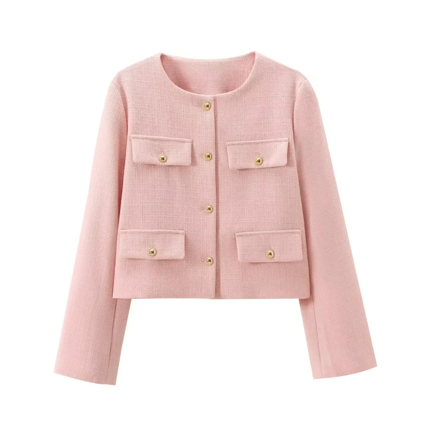 Women's 2024 New Fashion Flip Decoration Short Texture O Neck Suit Coat Vintage Long sleeved Button up Women's Coat Chic Top