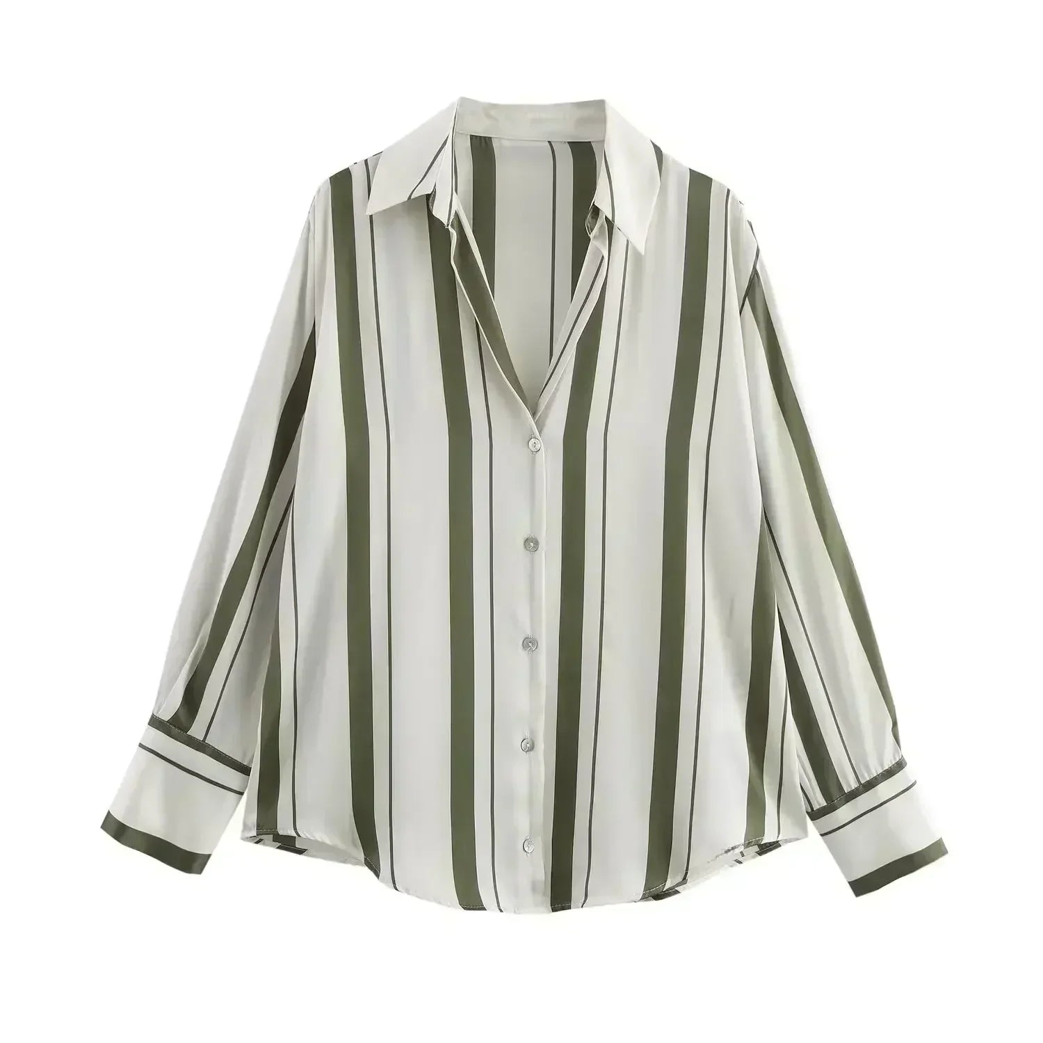 Women's new fashion loose printed striped shirt casual single breasted satin shirt retro long sleeved women's shirt chic top