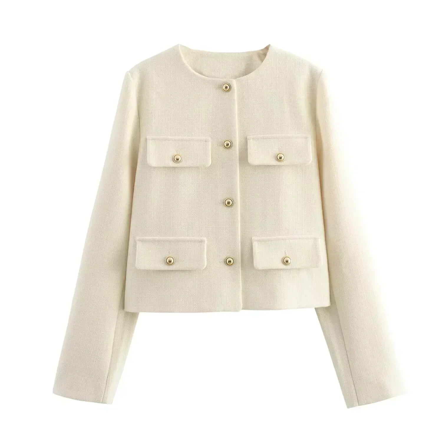Women's 2024 New Fashion Flip Decoration Short Texture O Neck Suit Coat Vintage Long sleeved Button up Women's Coat Chic Top