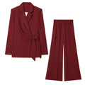 suit Women's 2 pieces casual linen blend lace up Blazer Coat +Pants