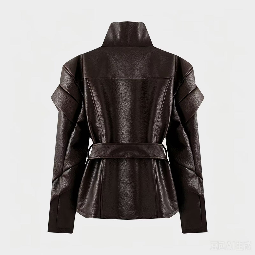 Women's high necked faux leather waistband jacket