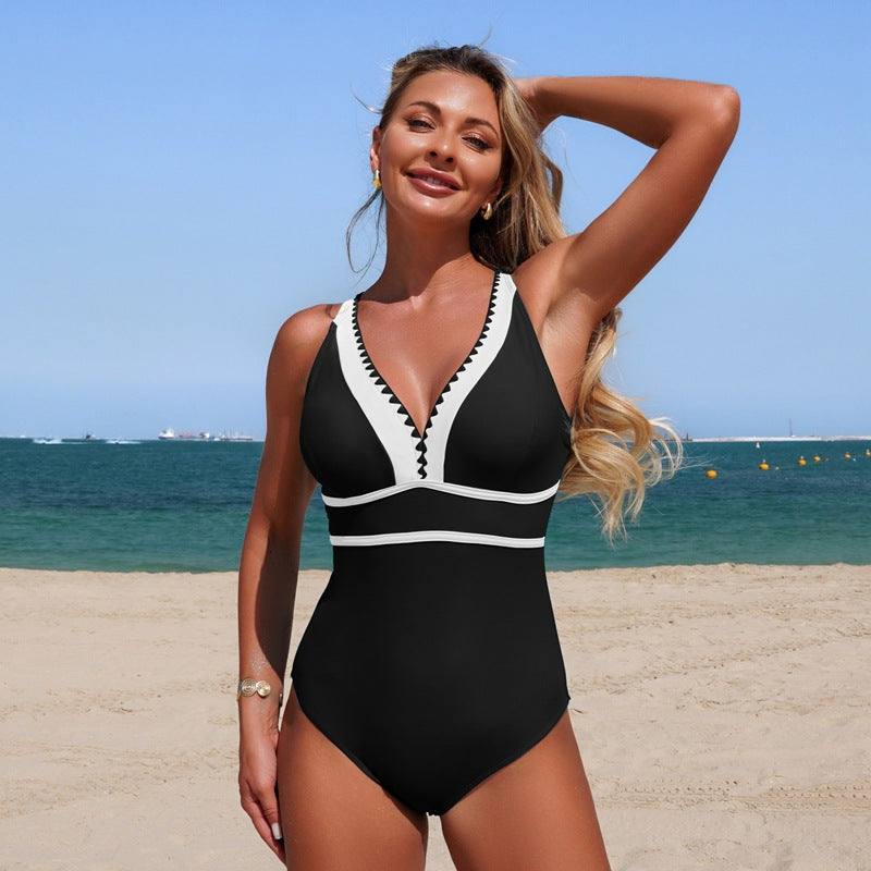 Women's new fashion quick-drying deep V-neck one-piece swimsuit