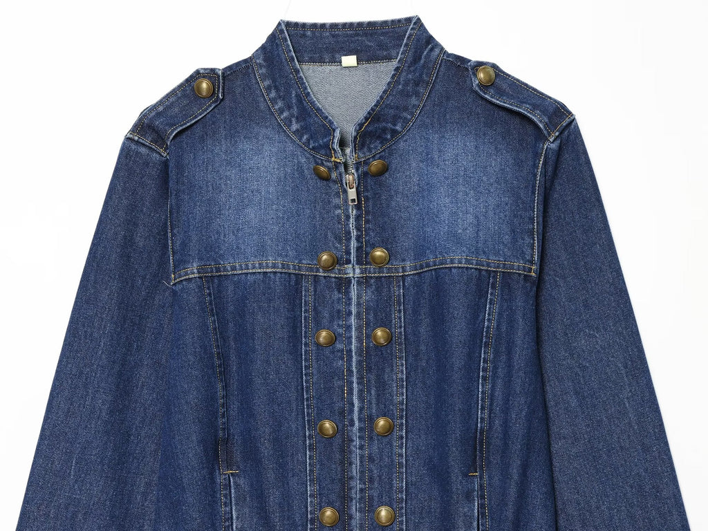 Women's long sleeved O Neck denim jacket