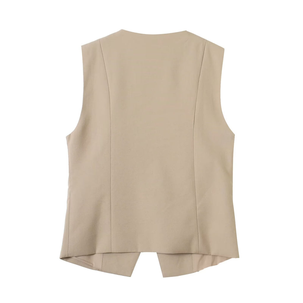 suit Women's 2 pieces Buckle design casual linen blended vest+Pants