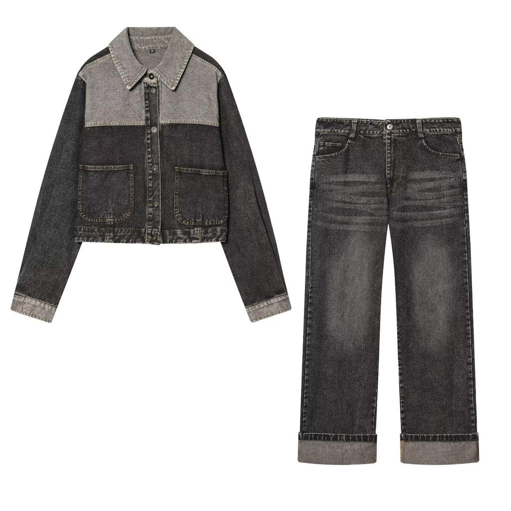 suit Women's 2 pieces patchwork denim jacket Coat+Jeans