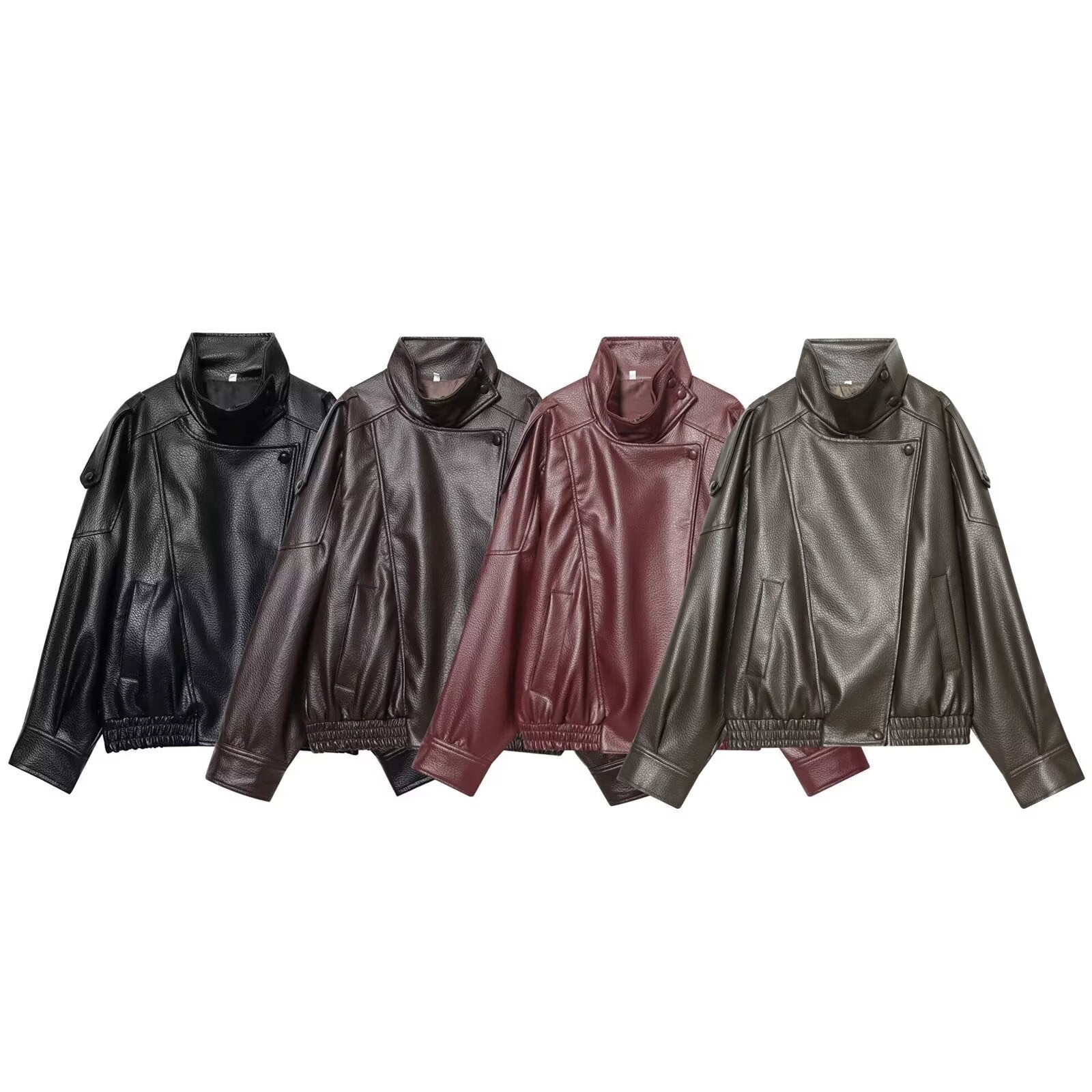 Women's new loose stand collar Faux Leather jacket Coat