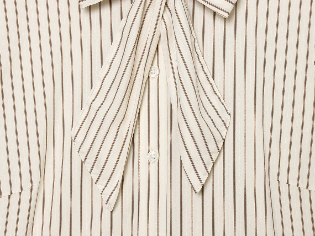 Women's bow decoration stand collar striped shirt