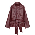 Women's with belt standing collar faux leather Coat