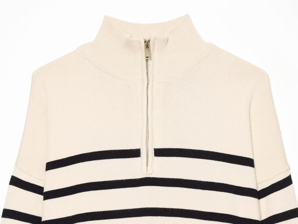 Women's soft textured zipper striped knitted sweater