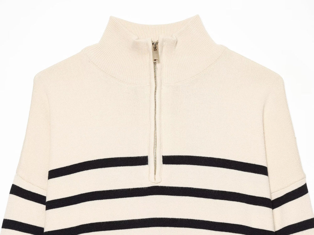Women's soft textured zipper striped knitted sweater