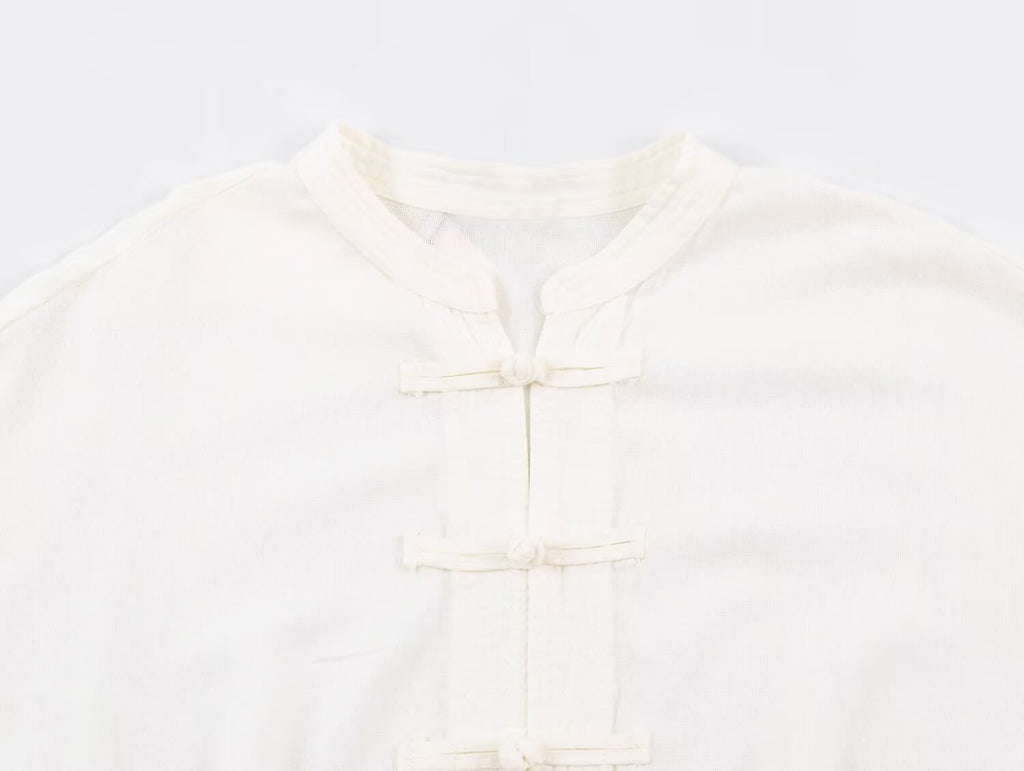 Women's rope knot buckle loose linen blended shirt