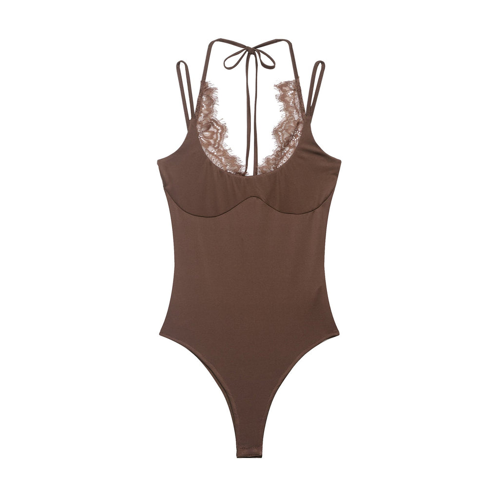 Women's lace patchwork halter neck bodysuit