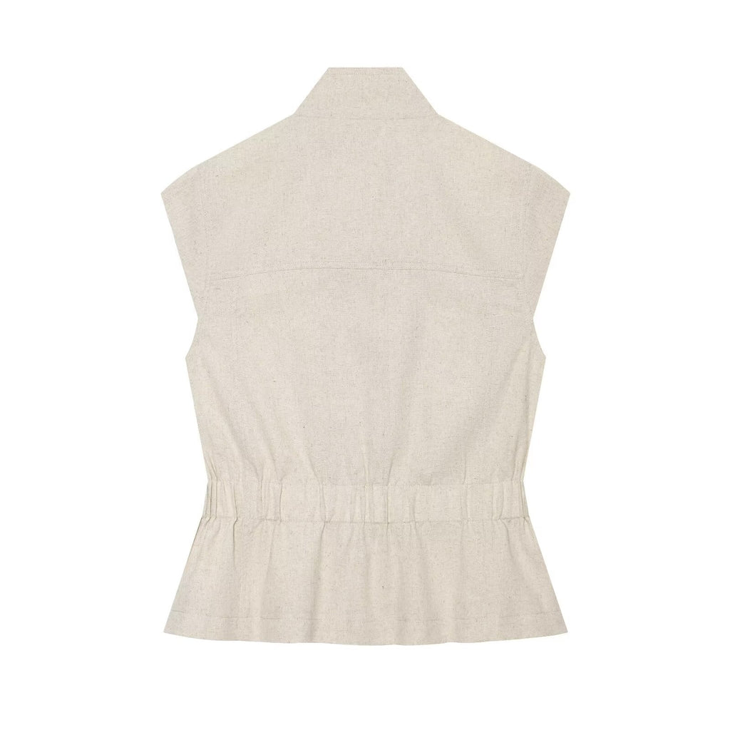 Women's pocket decoration linen blend vest