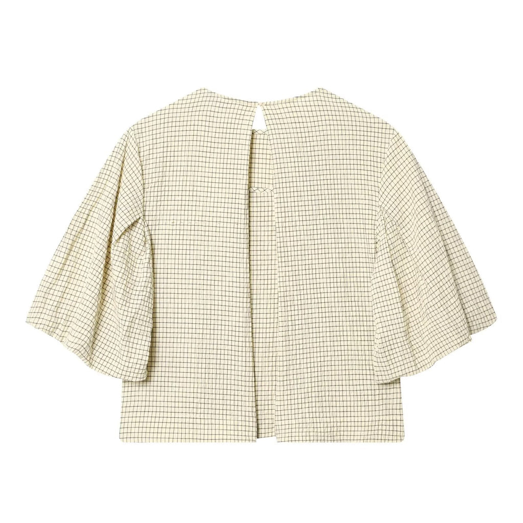Women's O Neck balloon sleeve checkered top