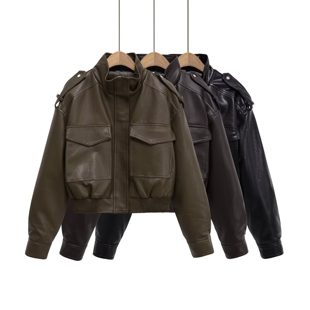 Women's short standing collar Faux Leather jacket Coat