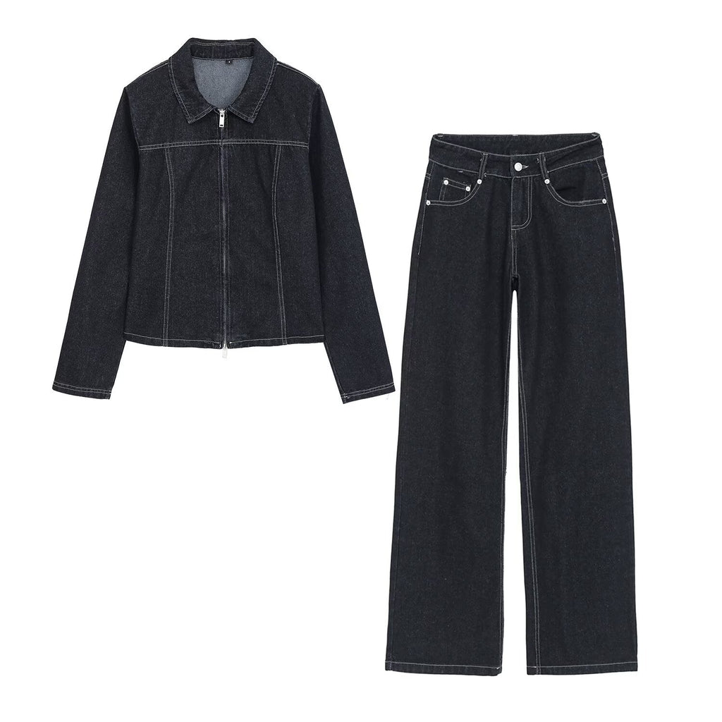 Women's double zipper design slim denim shirt