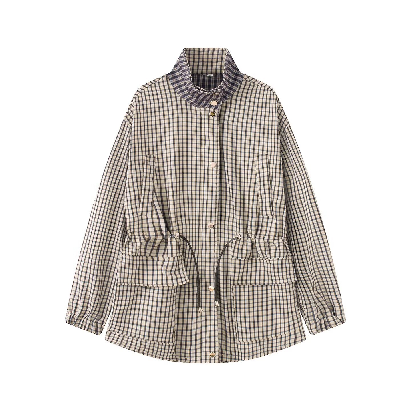 Women's casual stand collar waist cinched plaid Coat