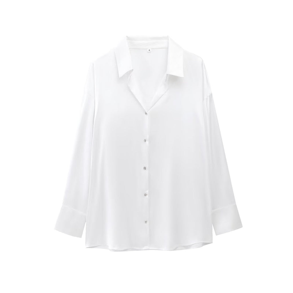 Women's new fashion casual single breasted shirt long sleeved satin textured shirt