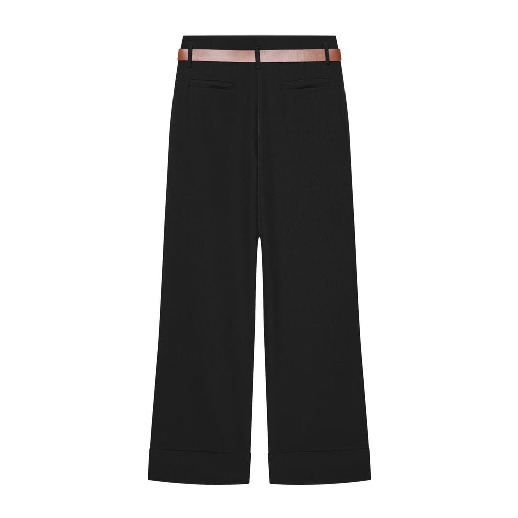 Women's With Belt high waisted straight leg rolled edge pants