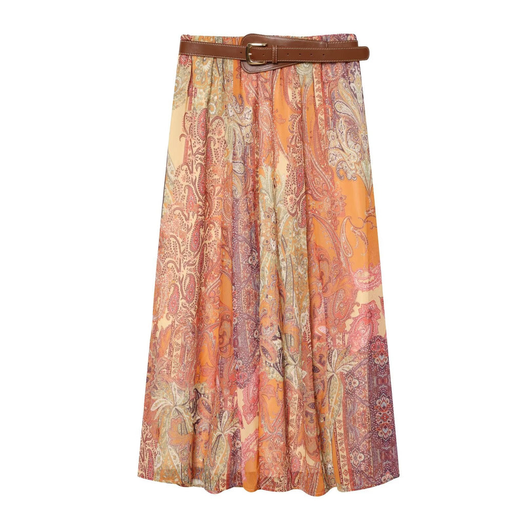 Women's With Belt Printed Midi Skirt