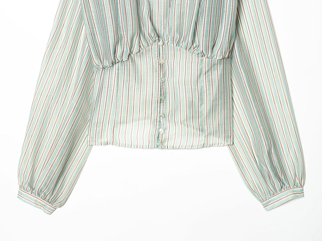 Women's V-neck striped waist cinched shirt