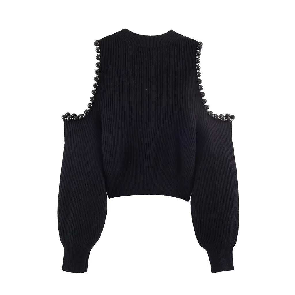 Women's hollow ball decoration O Neck knitted sweater