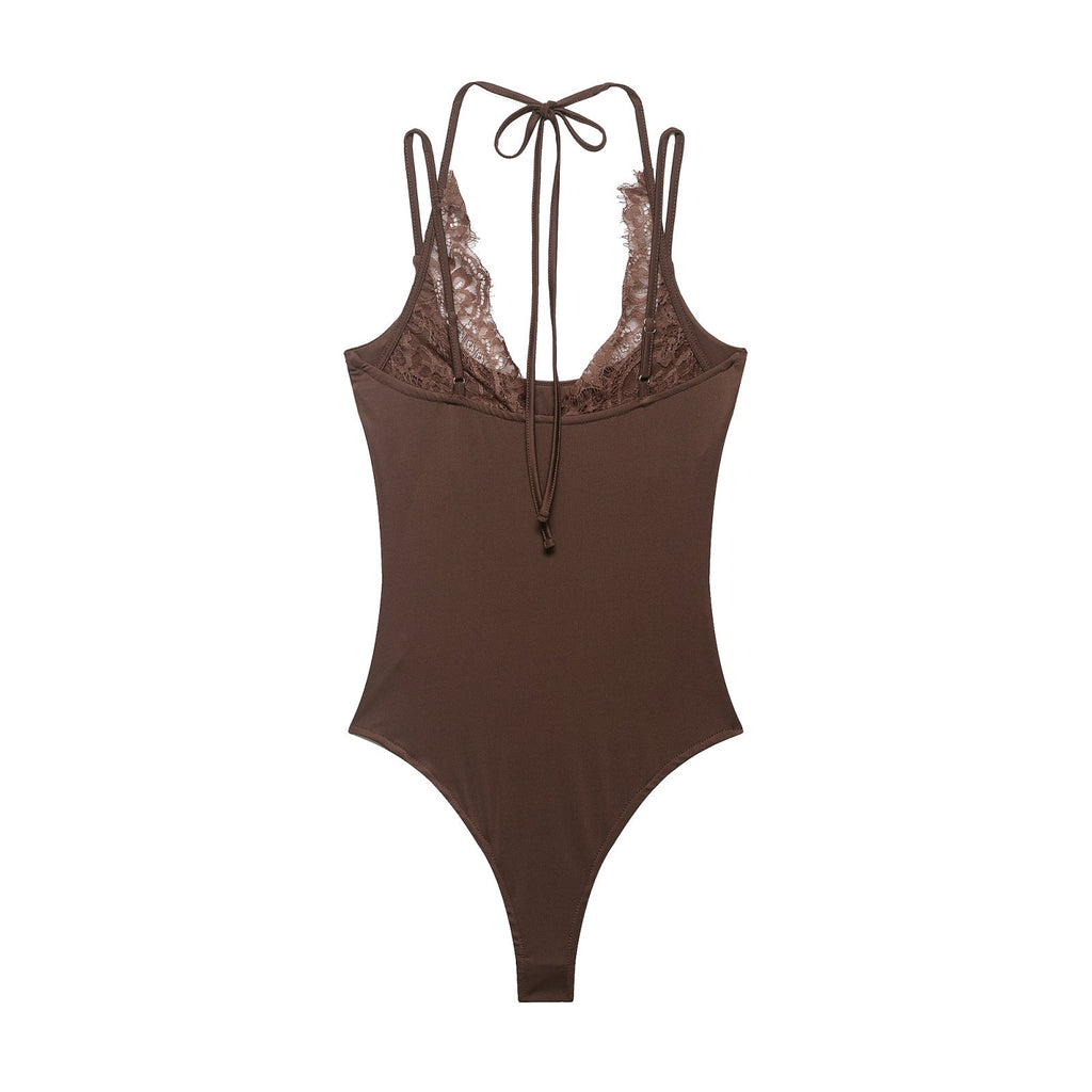 Women's lace patchwork halter neck bodysuit