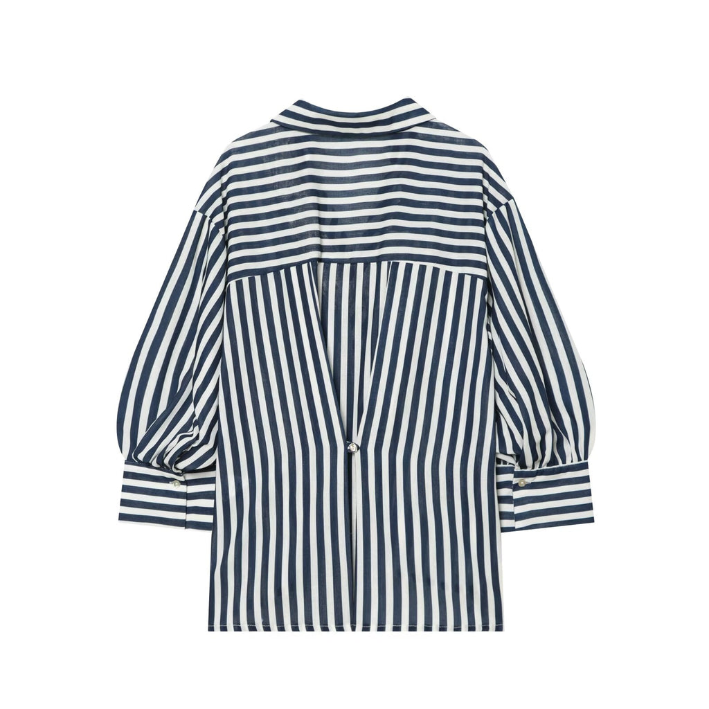 Women's bubble sleeve linen striped shirt