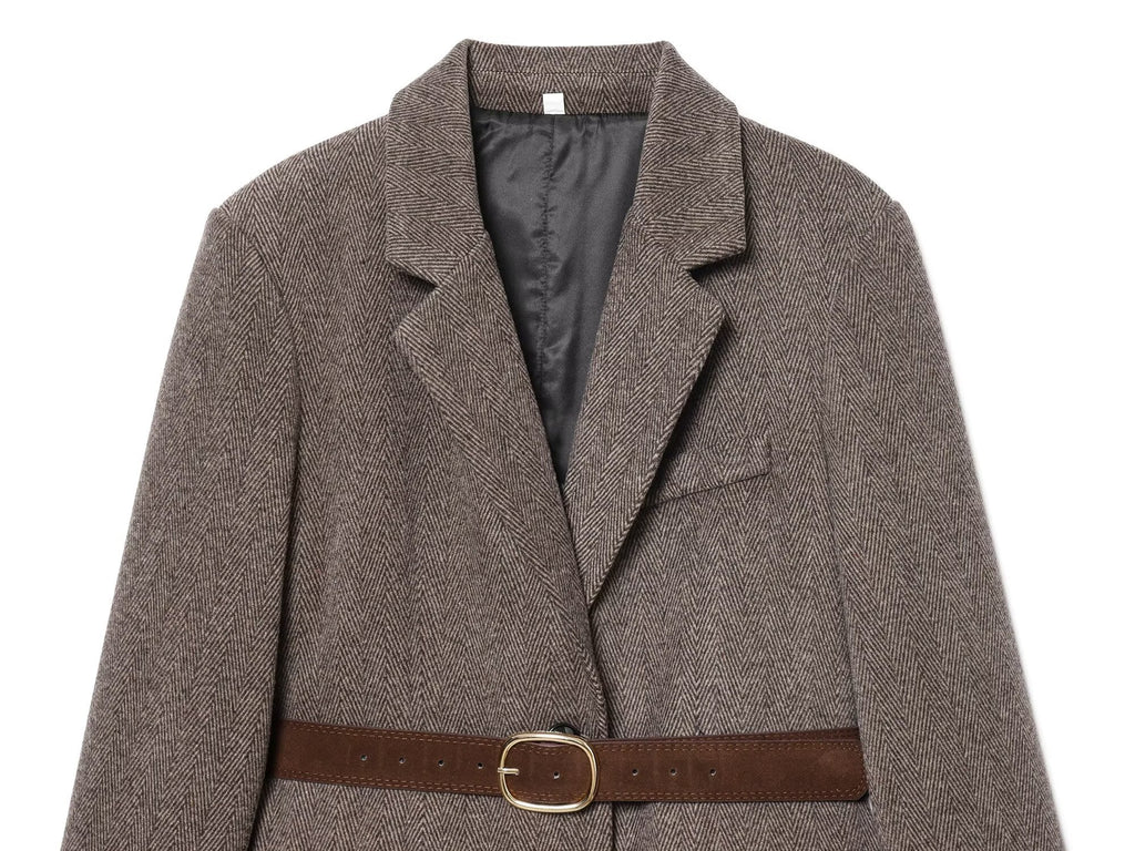 Women's with Belt herringbone diagonal Blazer Coat