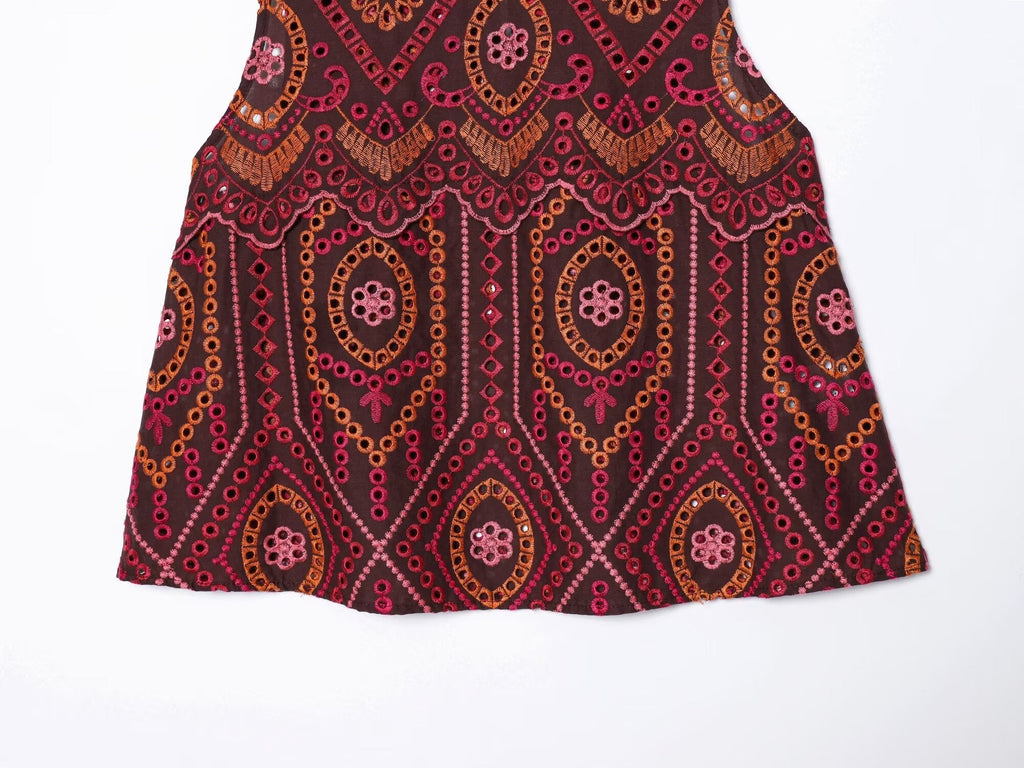 suit Women's 2 pieces hollowed out embroidered O-Neck top+Skirts