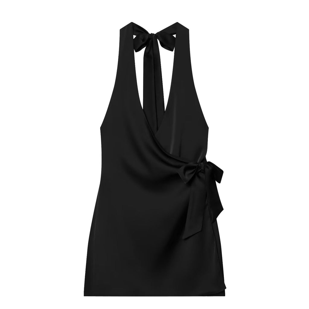 Women's satin textured polka dot halter neck dress