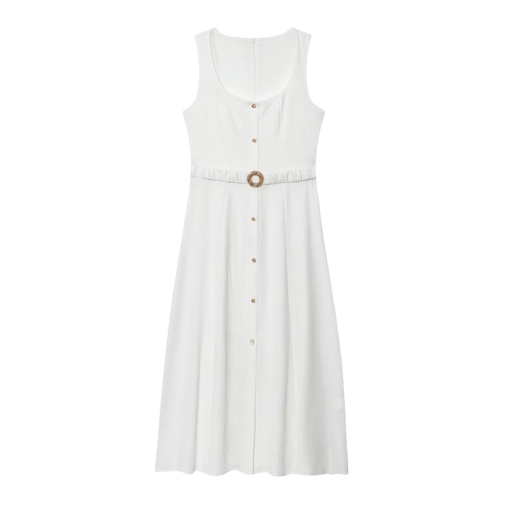 Women's New Fashion With Belt Sleeveless Square Neck Midi Dress