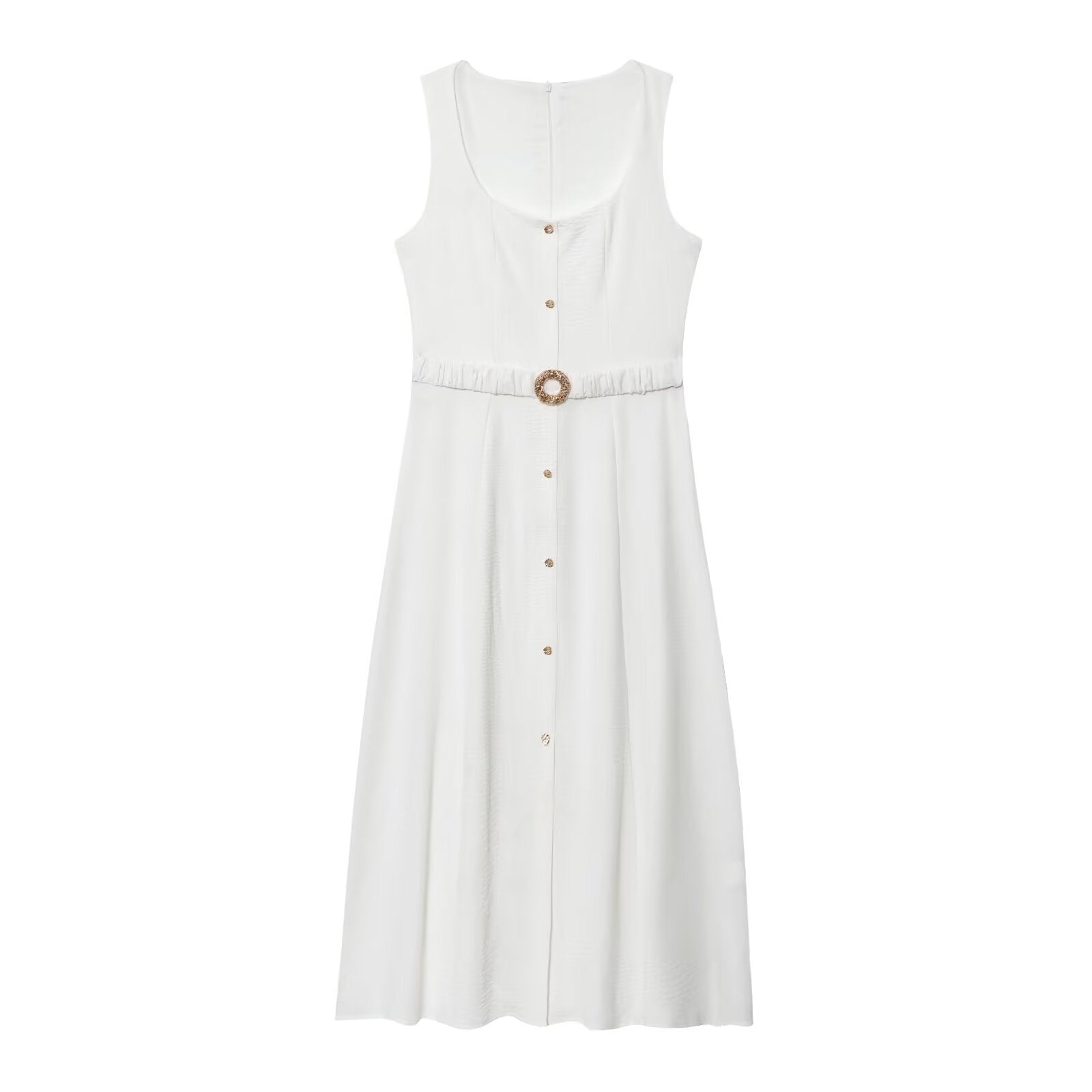 Women's New Fashion With Belt Sleeveless Square Neck Midi Dress