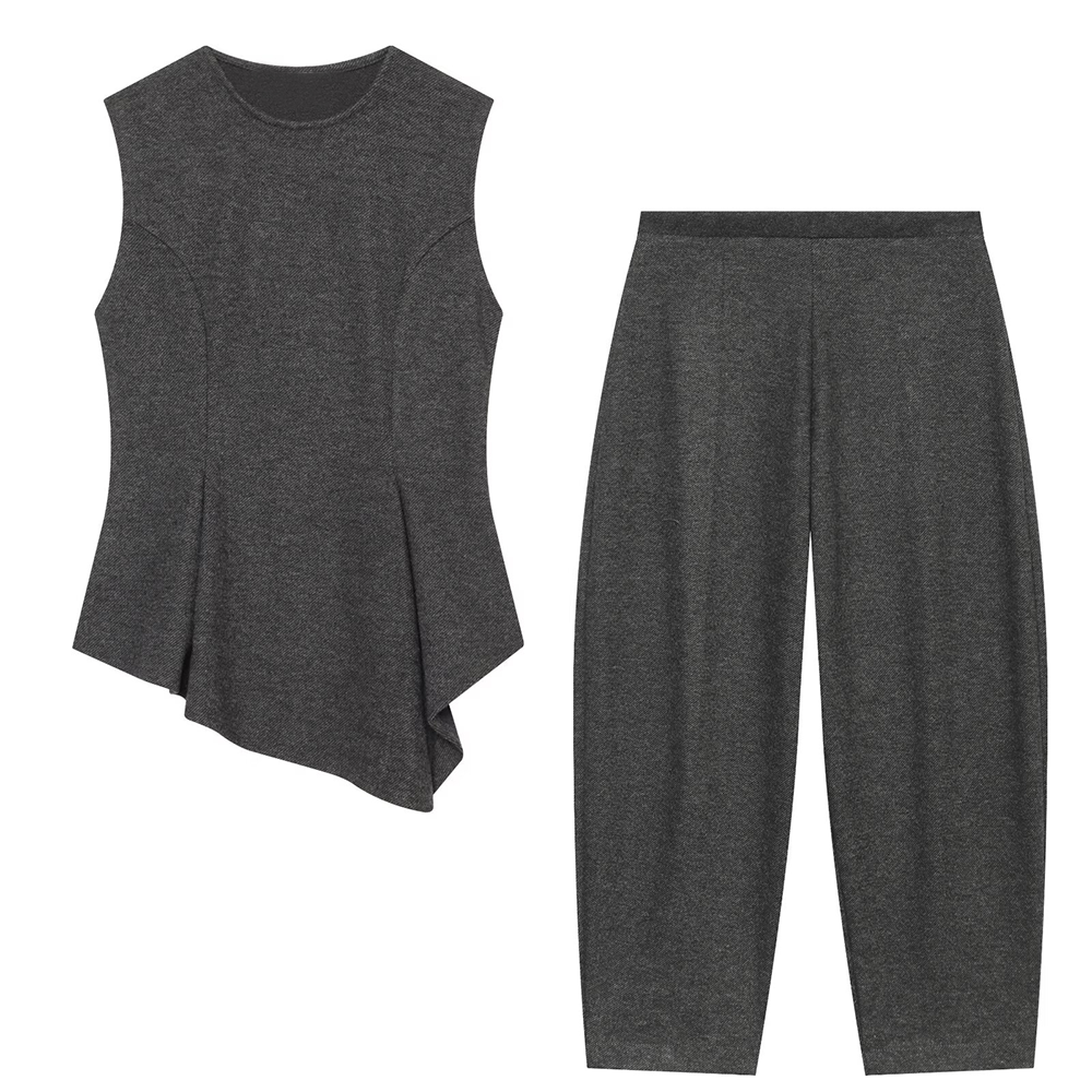 suit Women's 2 pieces O-Neck soft texture short skirt style hem top+pants