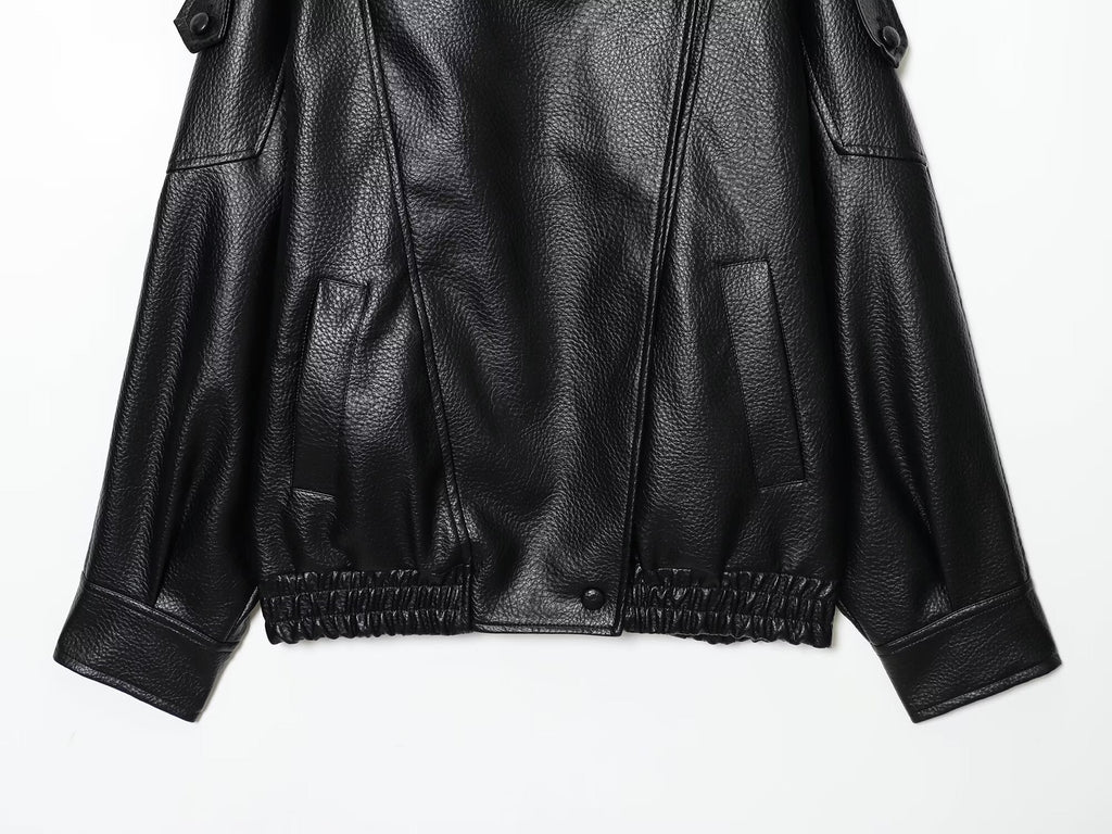 Women's new loose stand collar Faux Leather jacket Coat