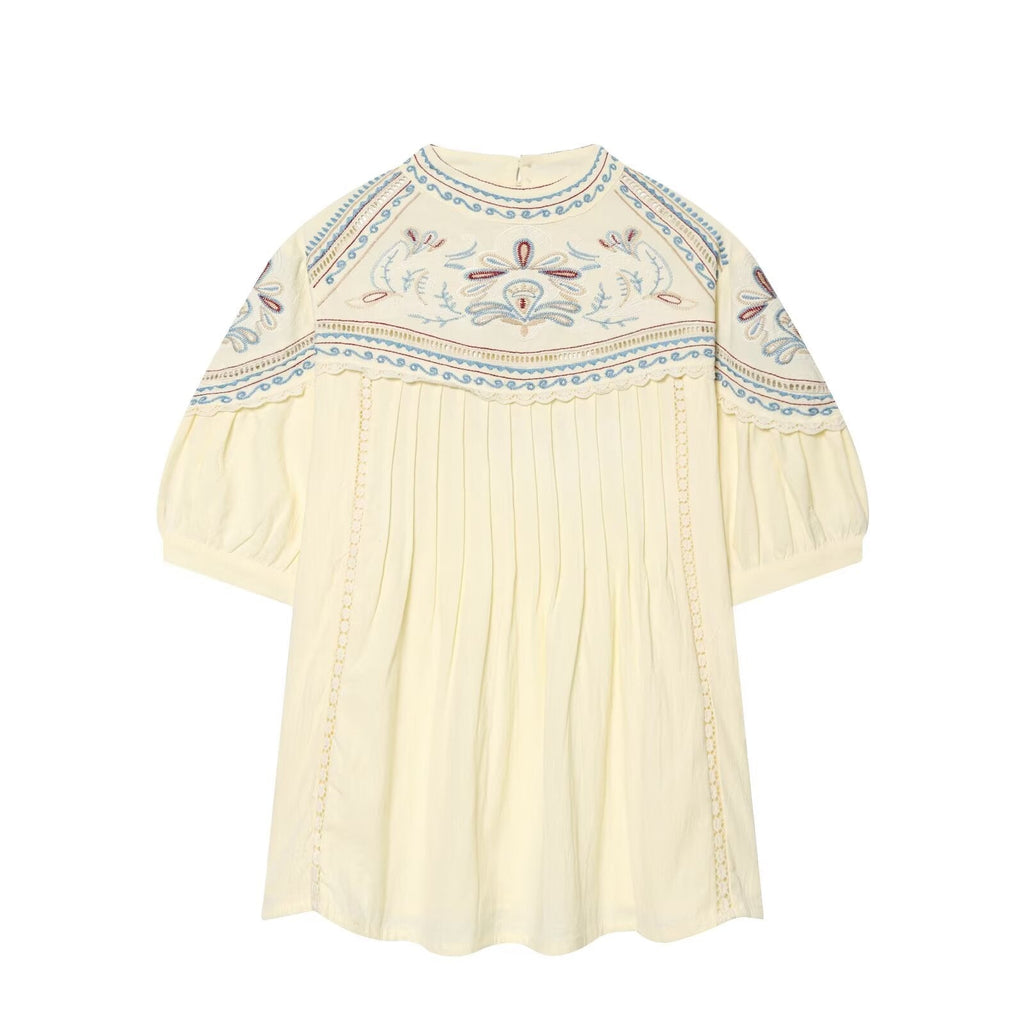 suit Women's 2 pieces linen blend embroidered top+Shorts