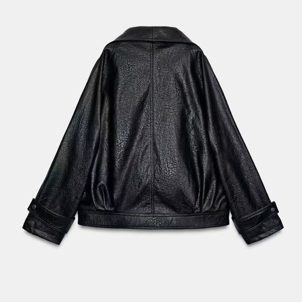 Women's new leather effect motorcycle jacket coat