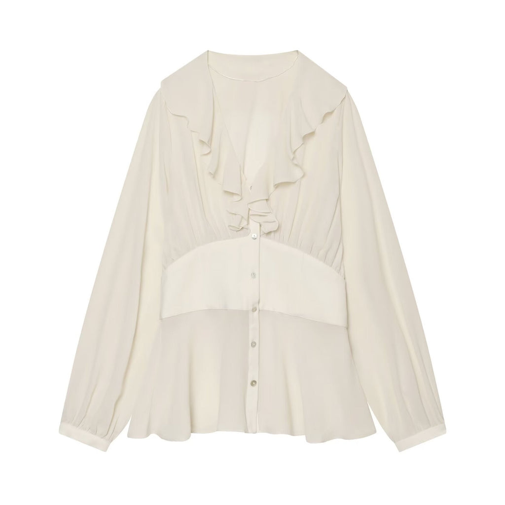 Women's waist cinching layered decorative V-neck shirt