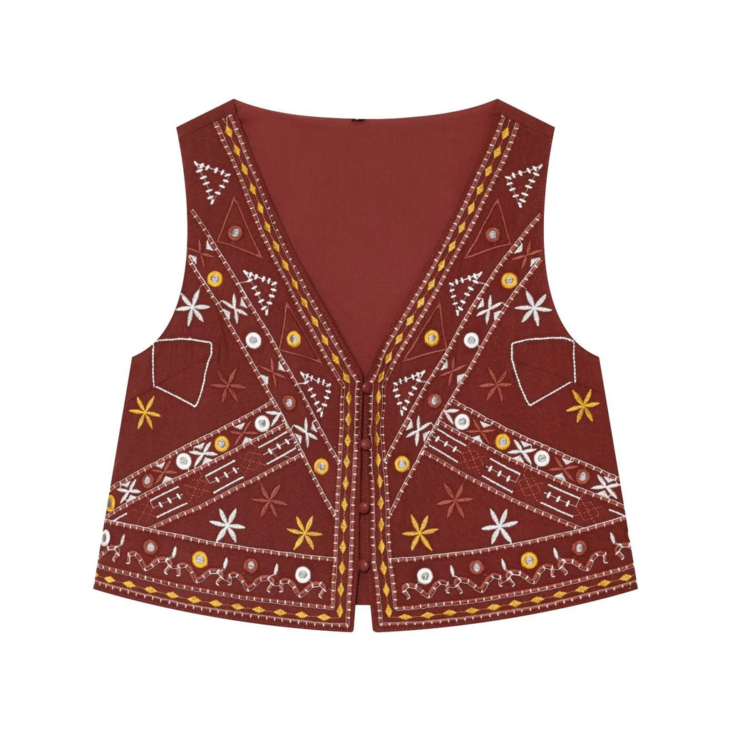 suit Women's 2 pieces mirror effect decorative embroidered vest+shorts