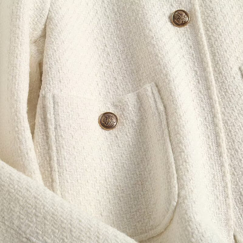 Women's gold button decoration O Neck textured Coat