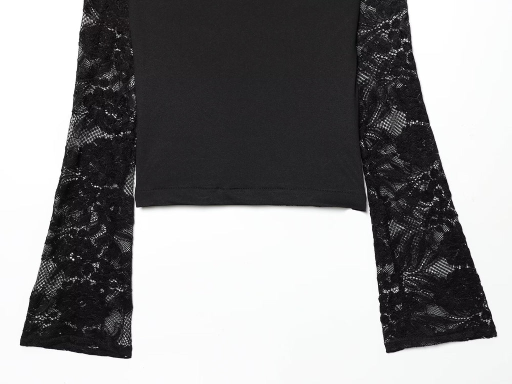 Women's lace patchwork hollow flared sleeve top