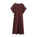 Women's new fashion pleated waist cinched O Neck short sleeved MIDI dress